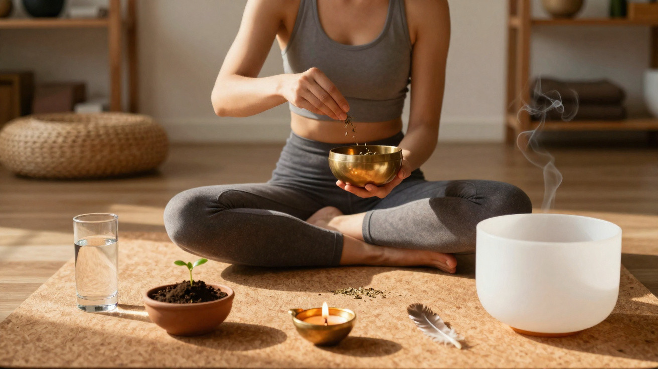 Person in grey activewear sitting cross-legged on a mat with meditation tools and a small plant in a pot
