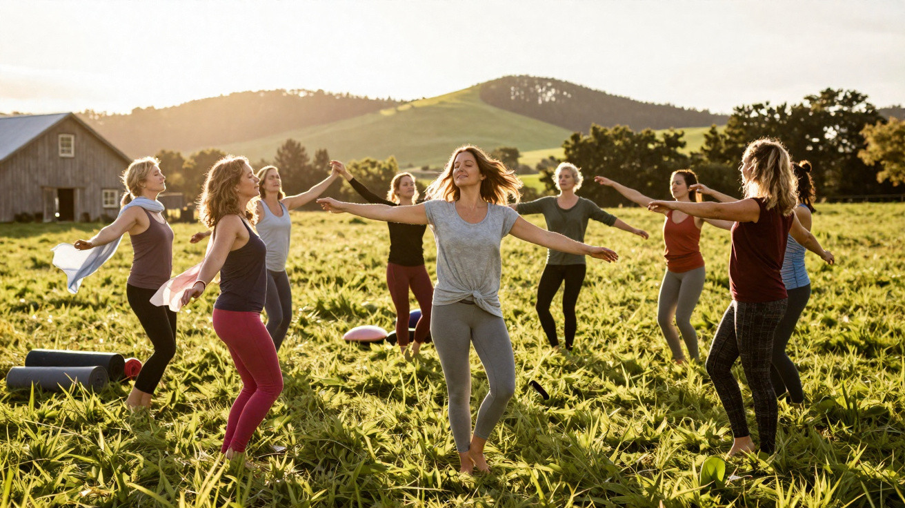 Group of women practising yoga and dancing barefoot in a sunny green field with hills in the background