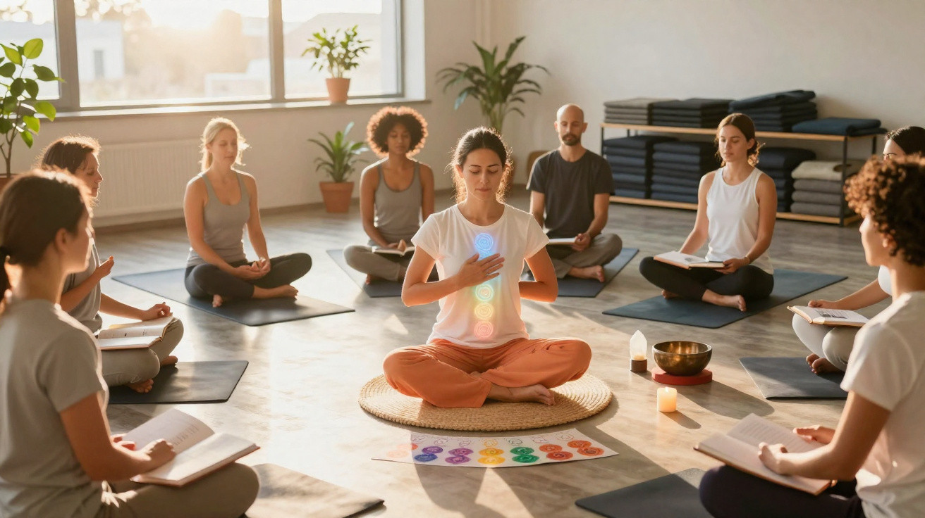 A group of people sitting in a circle meditating in a sunlit room with chakra symbols displayed.