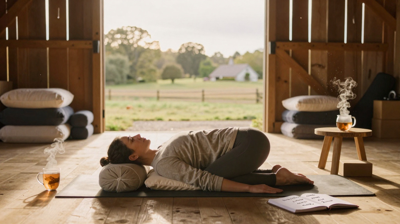 Person resting in child's pose on yoga mat inside wooden barn with steaming tea and open notebook nearby.