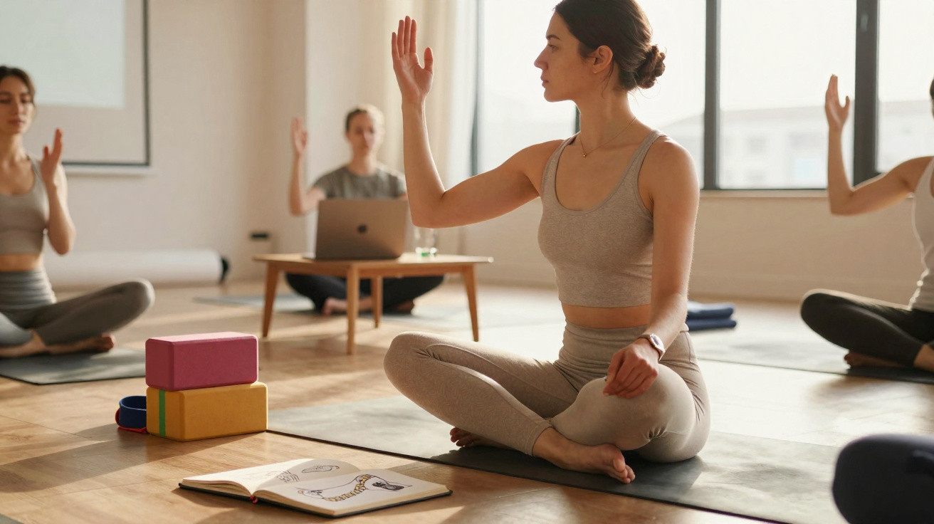 Group of women practising yoga meditation seated on mats with raised hands in bright studio room