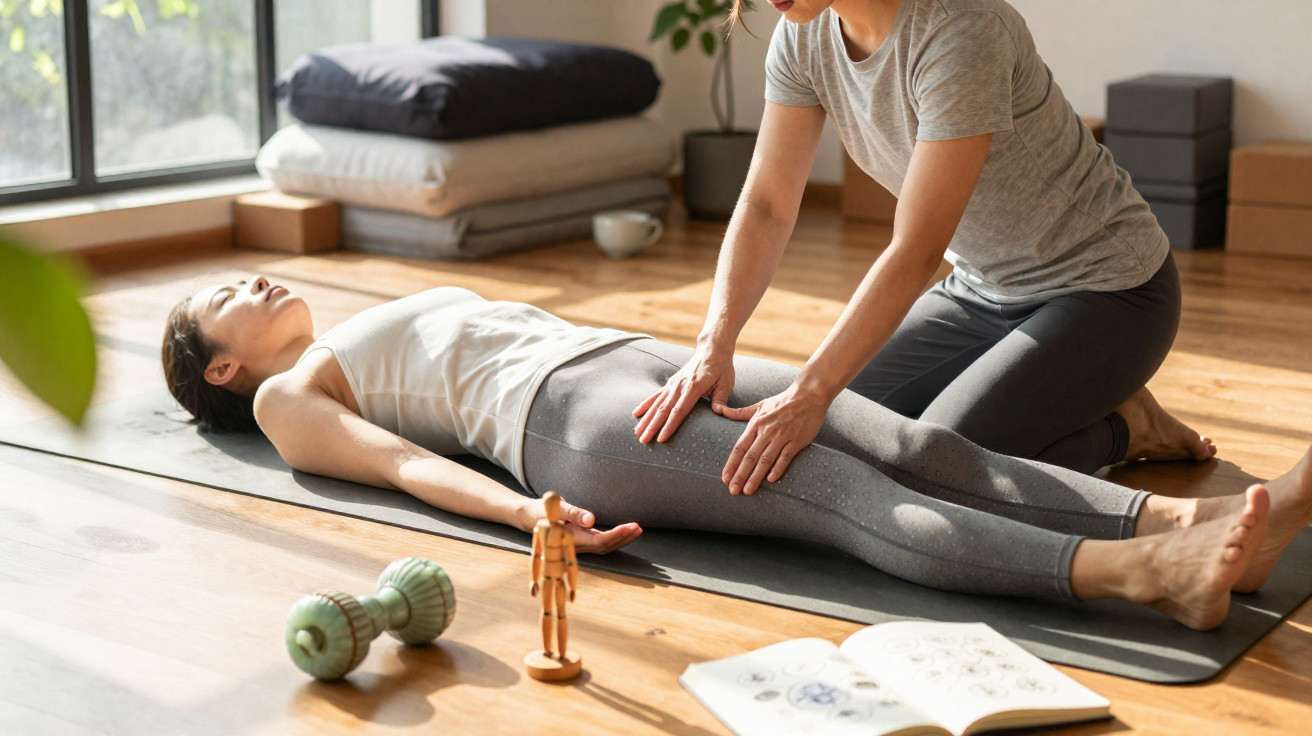 Therapist performing abdominal massage on woman lying on yoga mat in a bright, calm room.