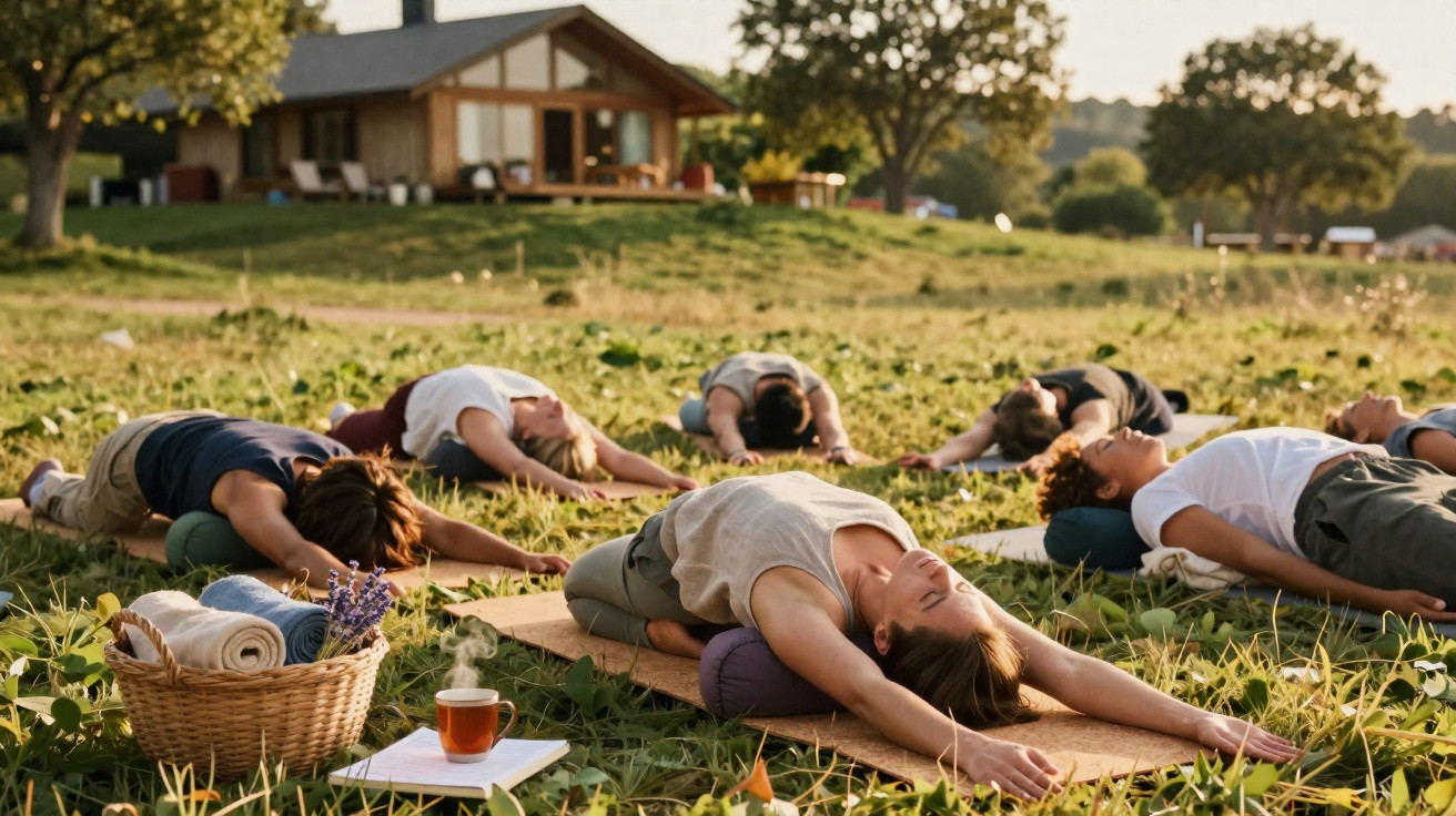 Group of people practising yoga on mats outdoors in a grassy field near a countryside house at sunset.