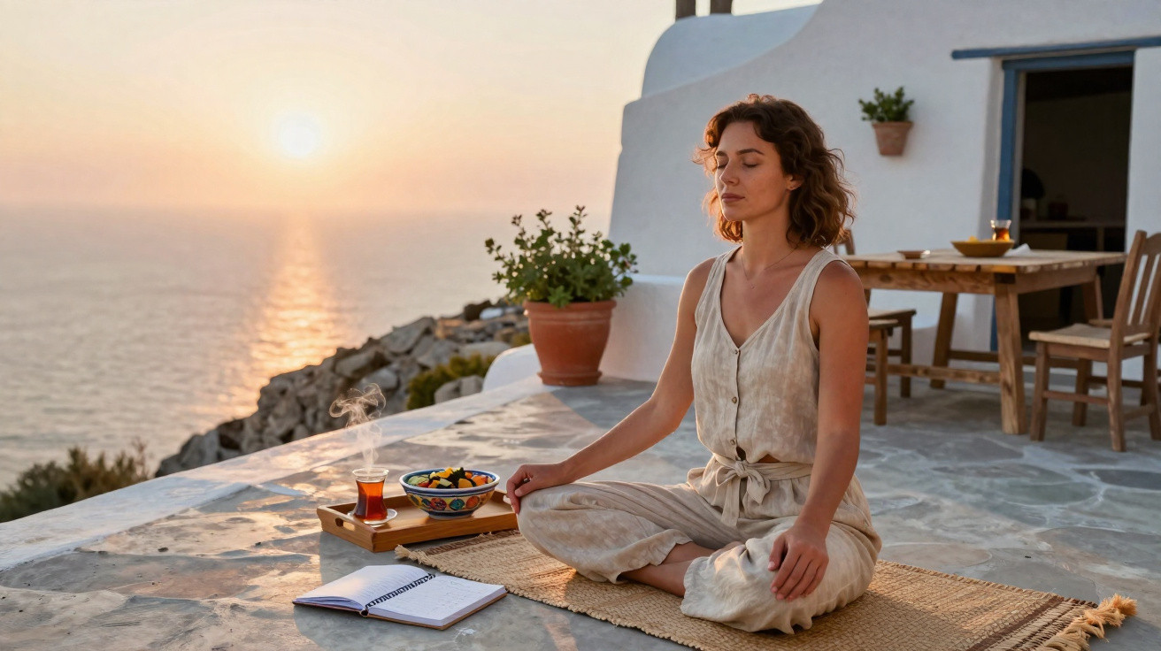 Woman meditating cross-legged on a patio at sunset with tea, fruit bowl, and notebook nearby.