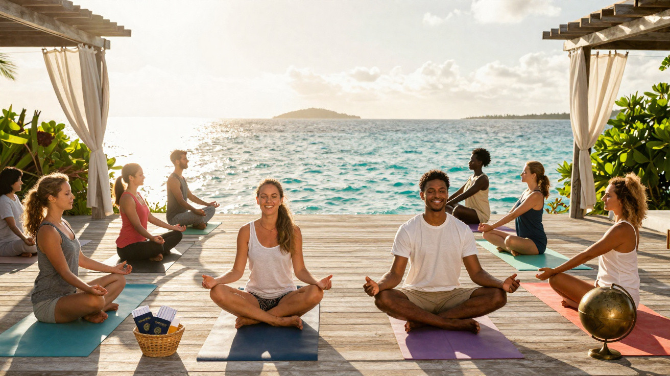 Group of people practicing yoga in lotus pose on mats on a wooden deck by the sea at sunrise or sunset.
