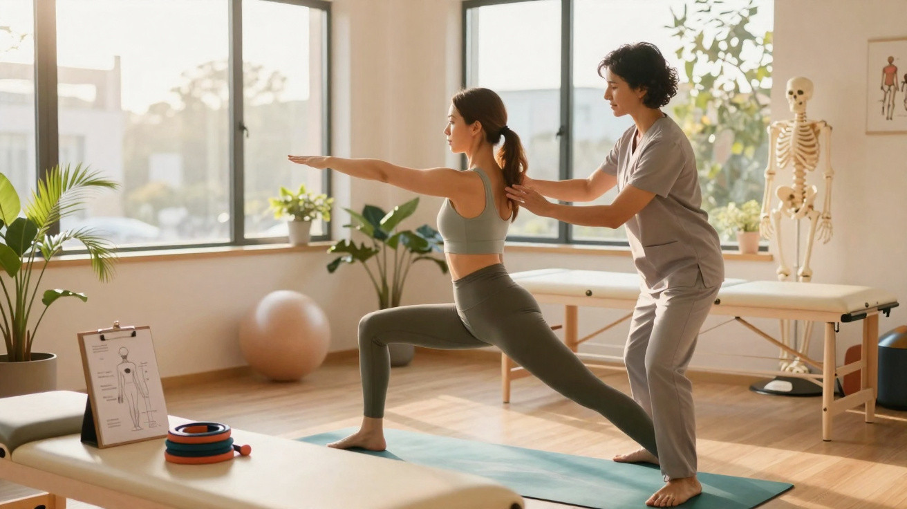 Woman practising yoga pose with instructor guidance in bright, plant-filled therapy or physiotherapy room.