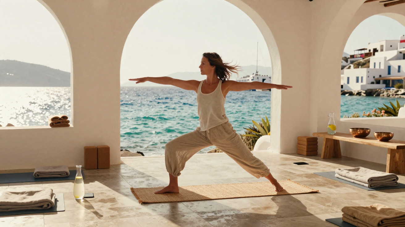 Woman practicing yoga in Warrior II pose on a mat in a sunlit room overlooking the sea and coastal village.