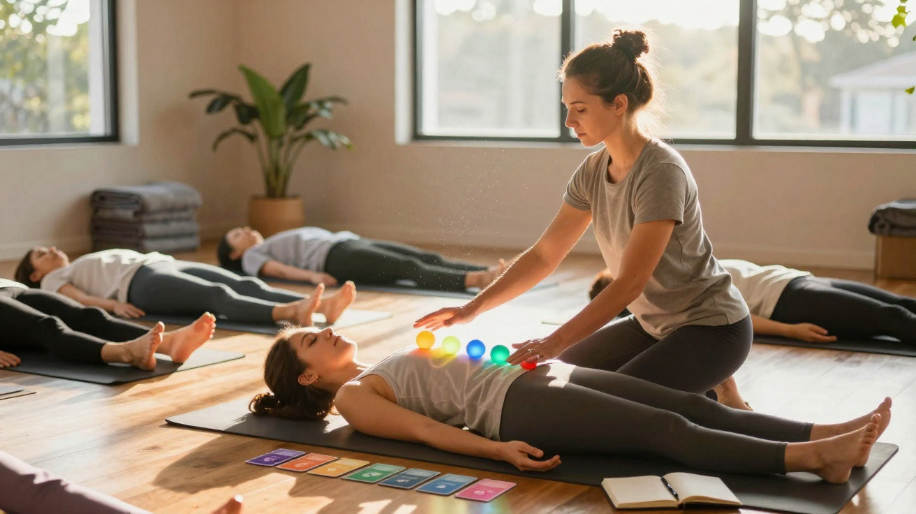 Yoga instructor placing coloured chakra stones on a woman lying on a mat during a meditation class.
