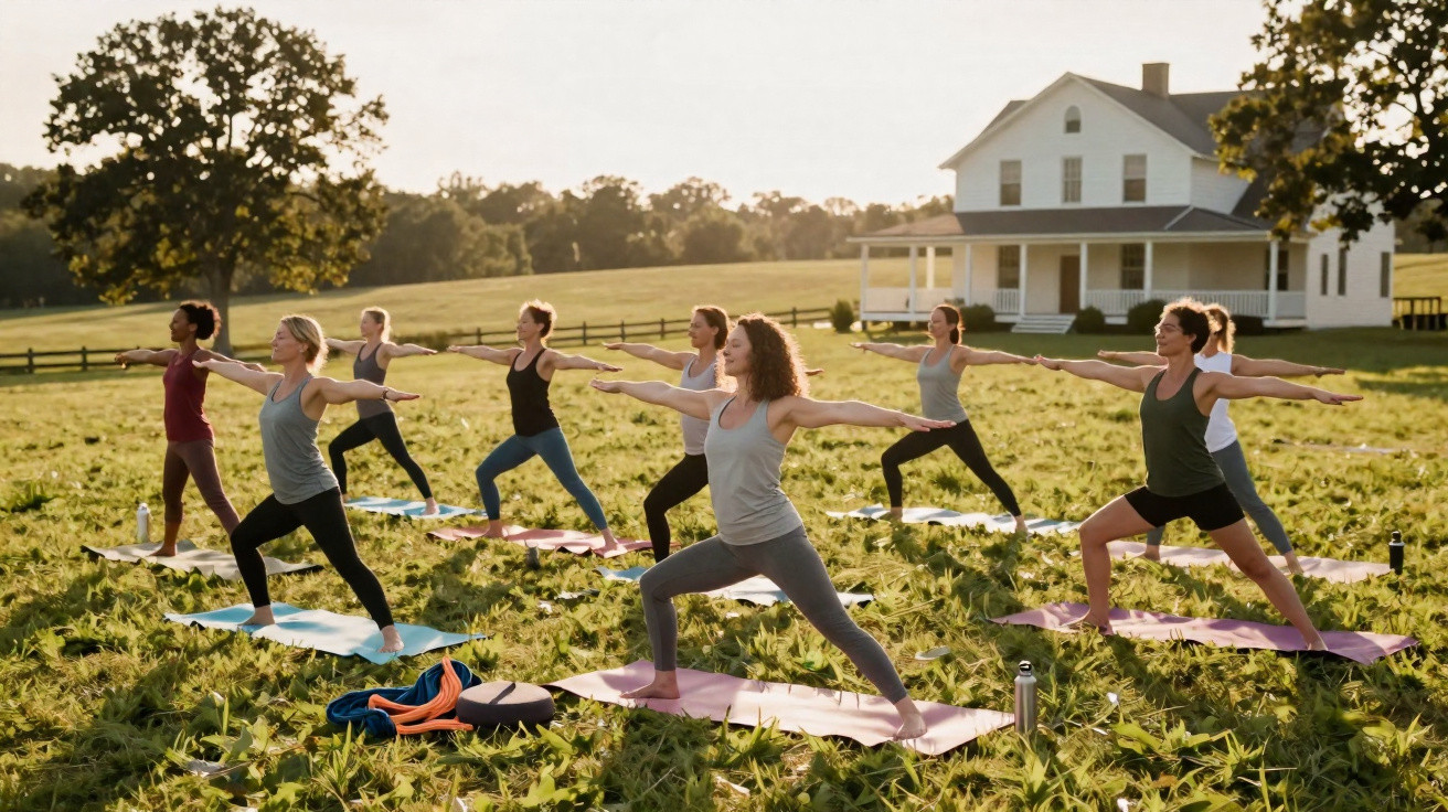 Group of people practising yoga outdoors in a field near a white farmhouse during sunrise or sunset.