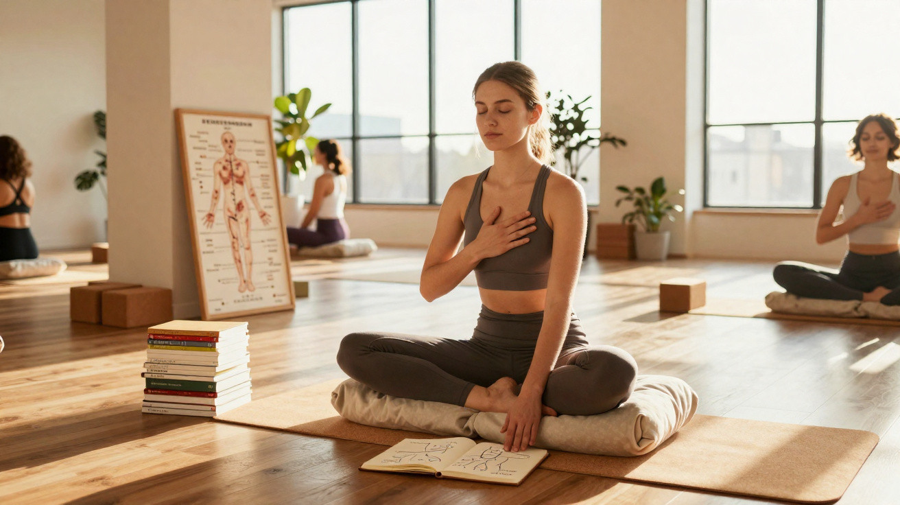Women practising meditation and breathing exercises in a sunlit yoga studio with anatomical charts and books.