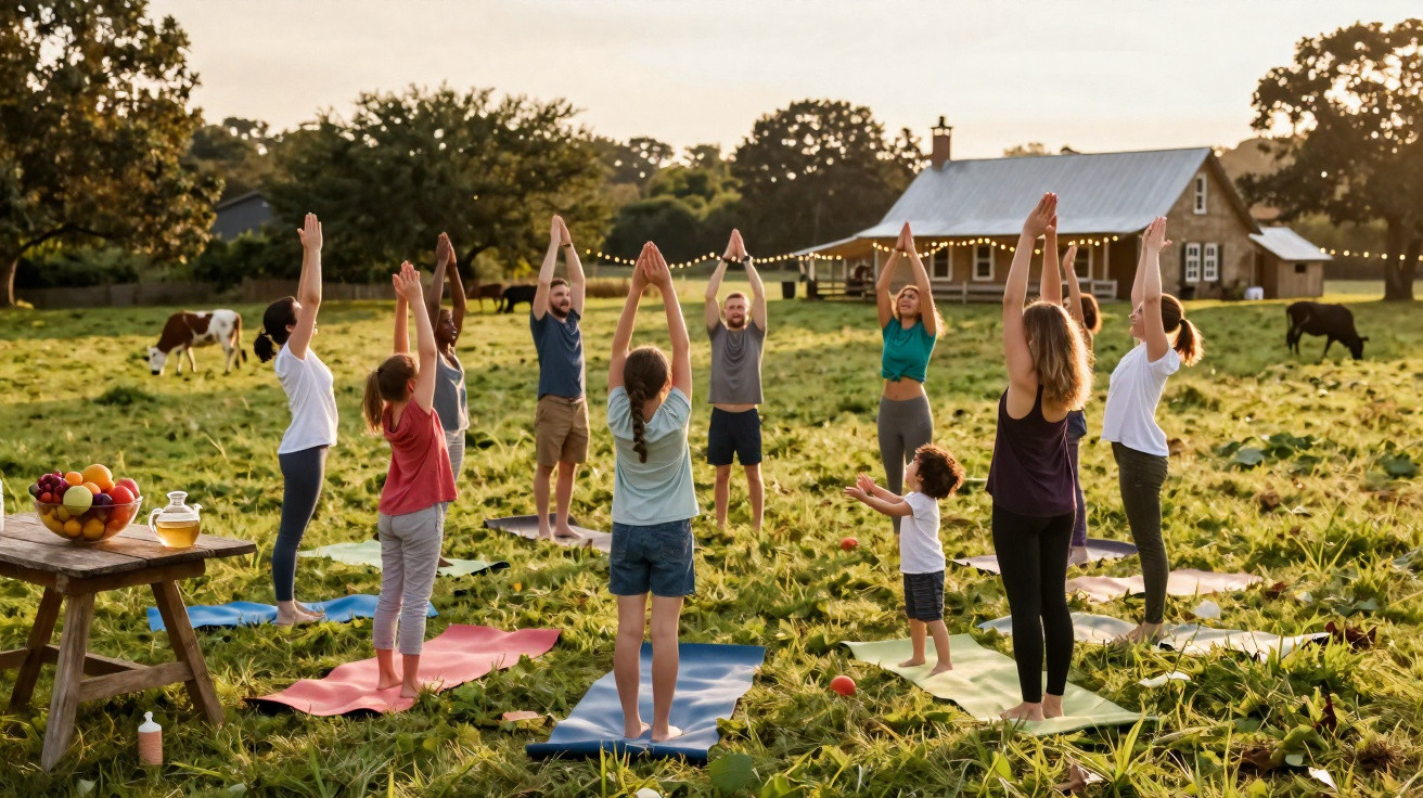 Group of people, including children, doing yoga stretches on mats outdoors in a grassy field near a farmhouse.