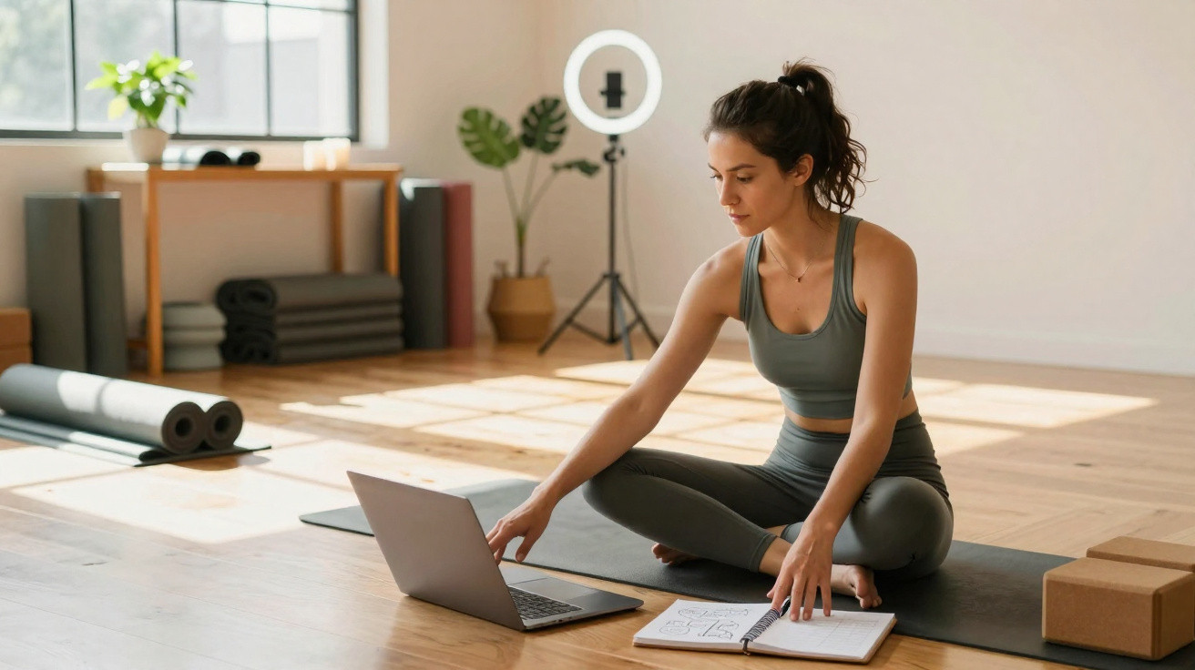 Woman in sportswear sitting on yoga mat using laptop with notebook and ring light in bright exercise room