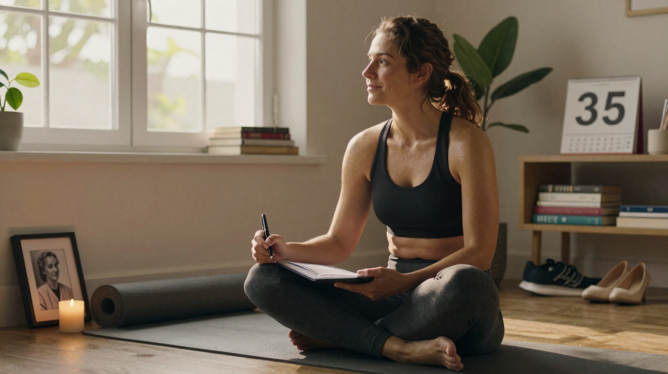 Woman in sportswear sitting cross-legged on a yoga mat, writing in a notebook by a window.