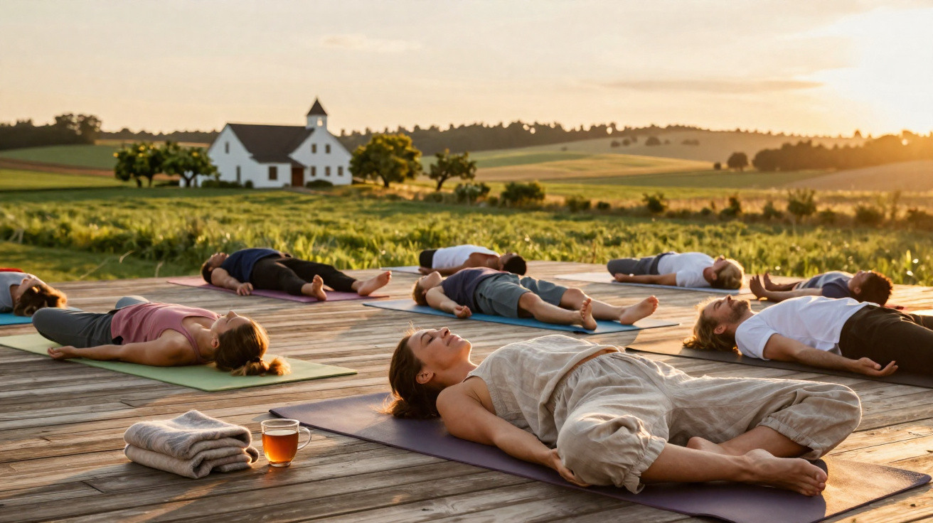 Group of people lying on yoga mats practicing relaxation on a wooden deck at sunset in countryside.