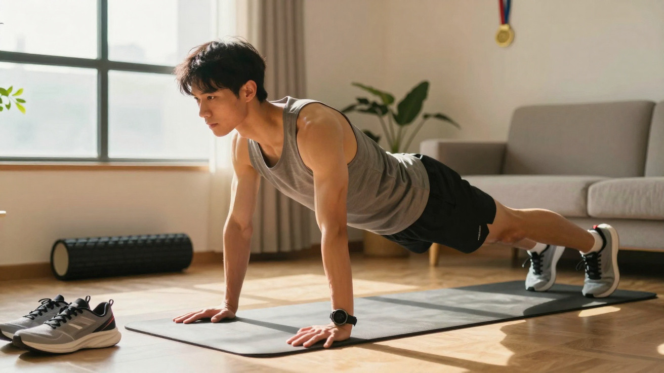 Young man in grey vest and black shorts doing a plank exercise on a yoga mat in a living room.