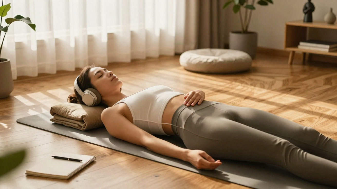 Woman in sportswear and headphones lying on a yoga mat with eyes closed in a bright room