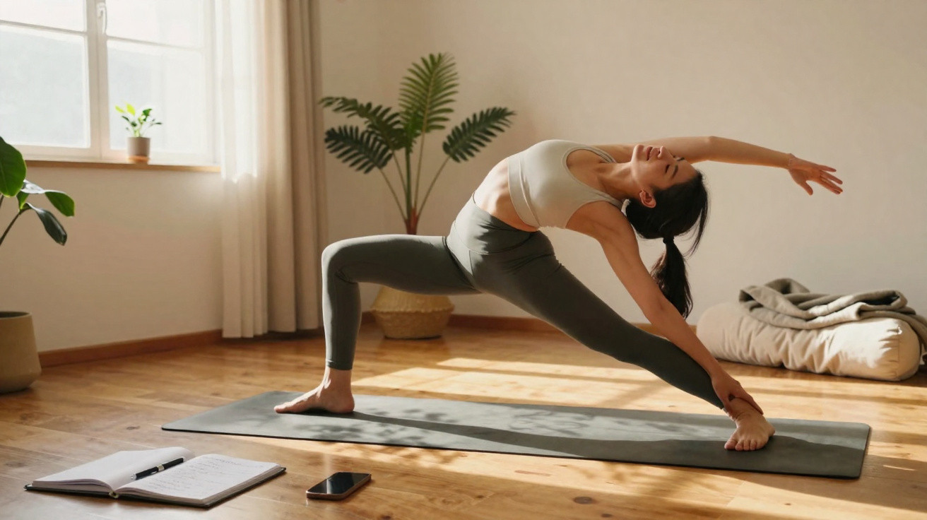 Woman in athletic wear practising yoga pose on a mat in a sunlit room with plants and a notebook nearby.