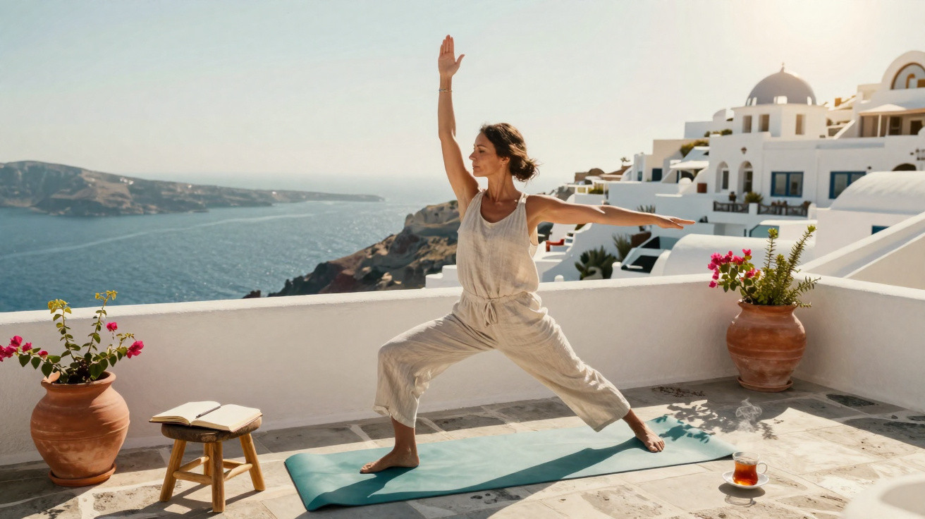 Woman practising yoga on a terrace overlooking the sea and white buildings with blue domes under a clear sky.