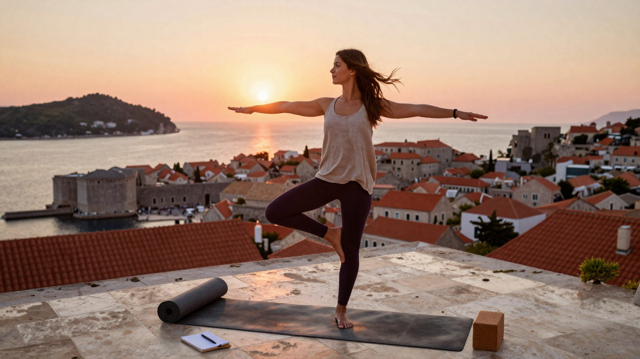 Woman practising yoga in tree pose on rooftop with sea and sunset in background.