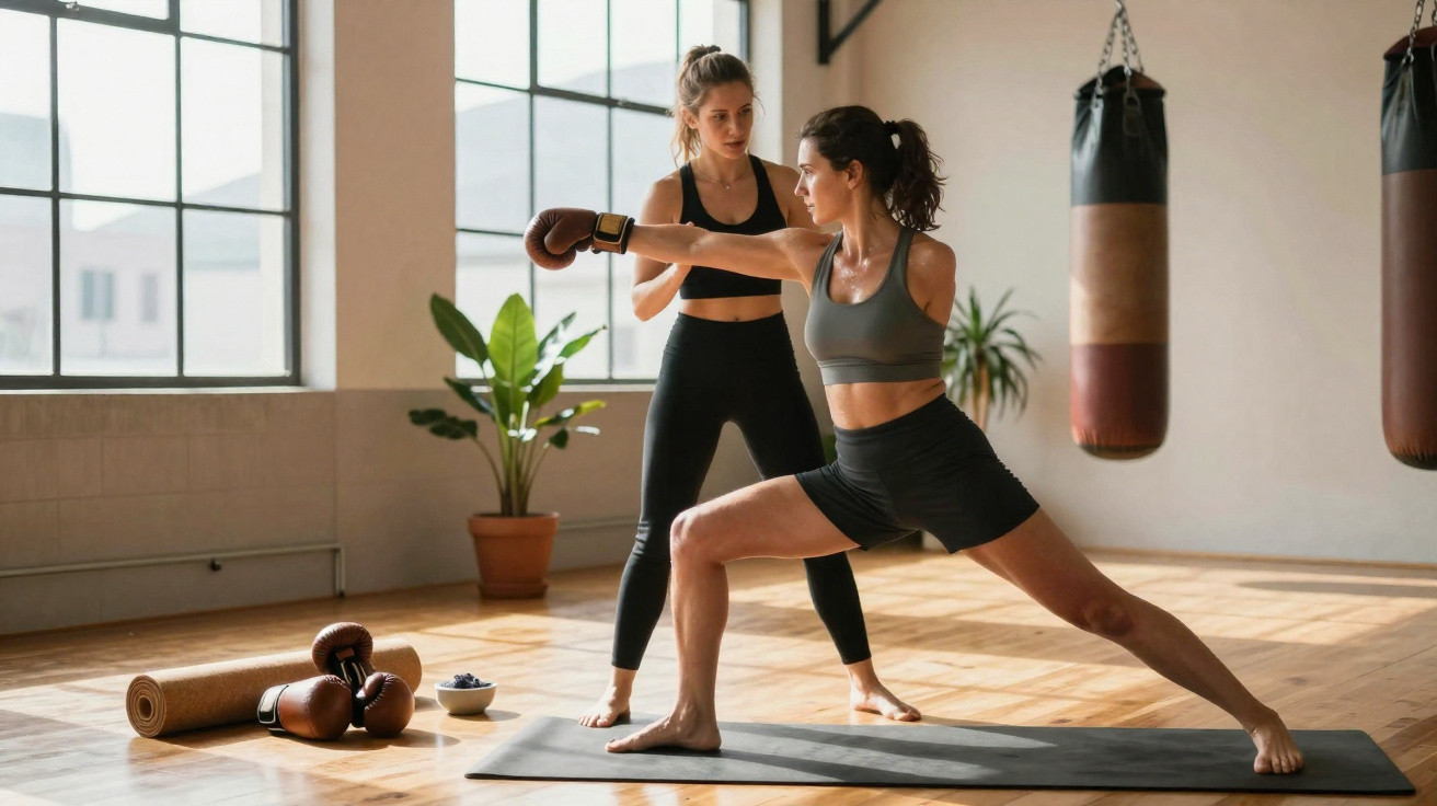 Two women training in a bright gym, one coaching the other performing a boxing punch on a yoga mat.