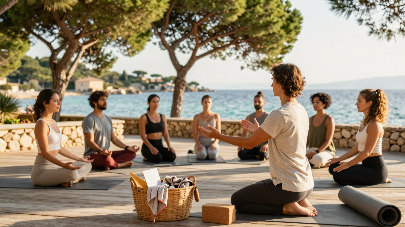 Group of people practising yoga outdoors by the sea with instructor leading the session on wooden platform.