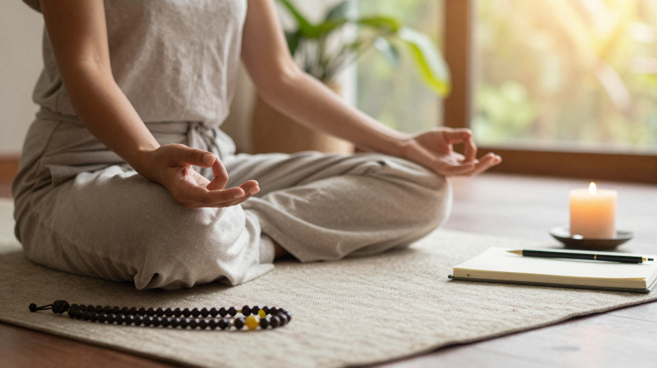 Person sitting cross-legged meditating on a rug with prayer beads, notebook, pencil, and lit candle nearby.