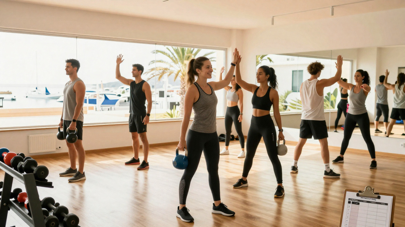 Group of men and women exercising with kettlebells in a bright gym overlooking boats and palm trees outside.