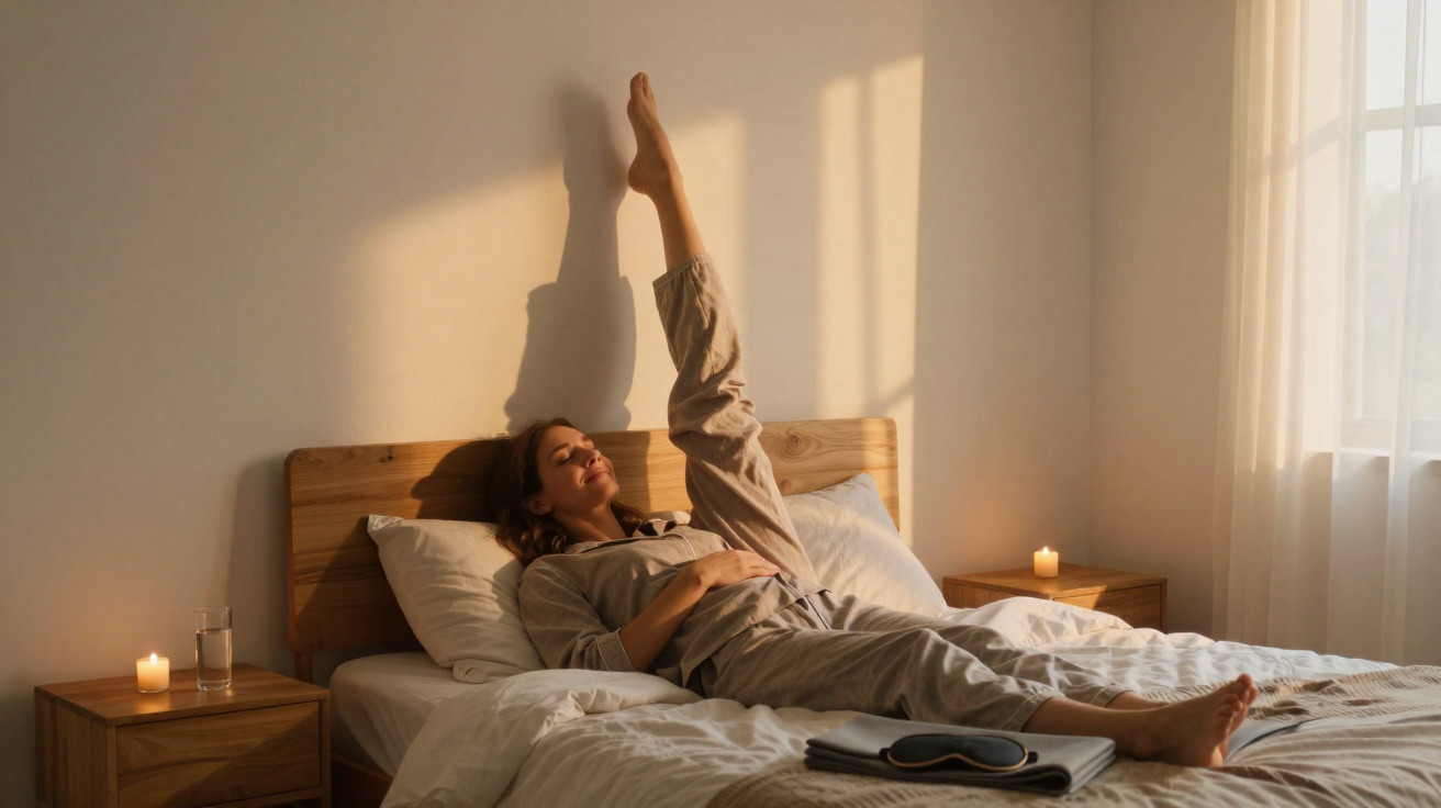Woman in casual clothes stretching one leg up while relaxing on a wooden bed in a softly lit bedroom