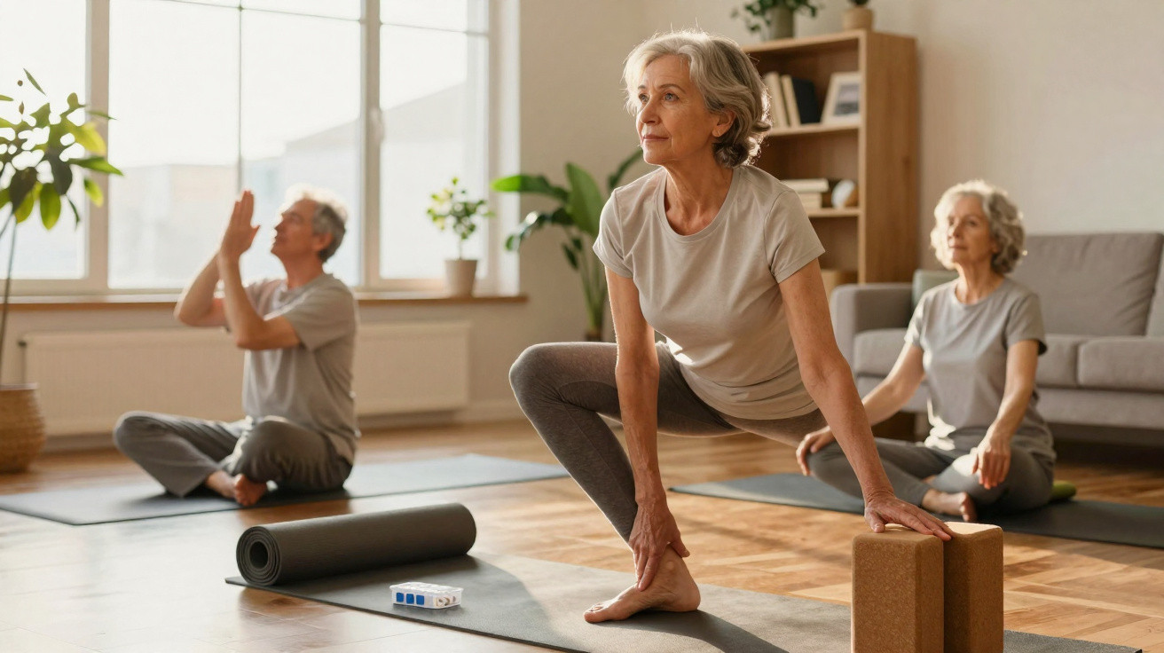 Three elderly women practising yoga indoors on mats in a bright, cosy living room.