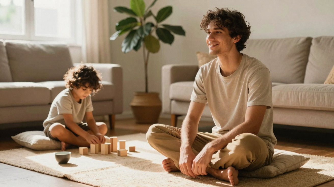 Young man smiling while sitting cross-legged on cushion, watching child play with wooden blocks on rug.
