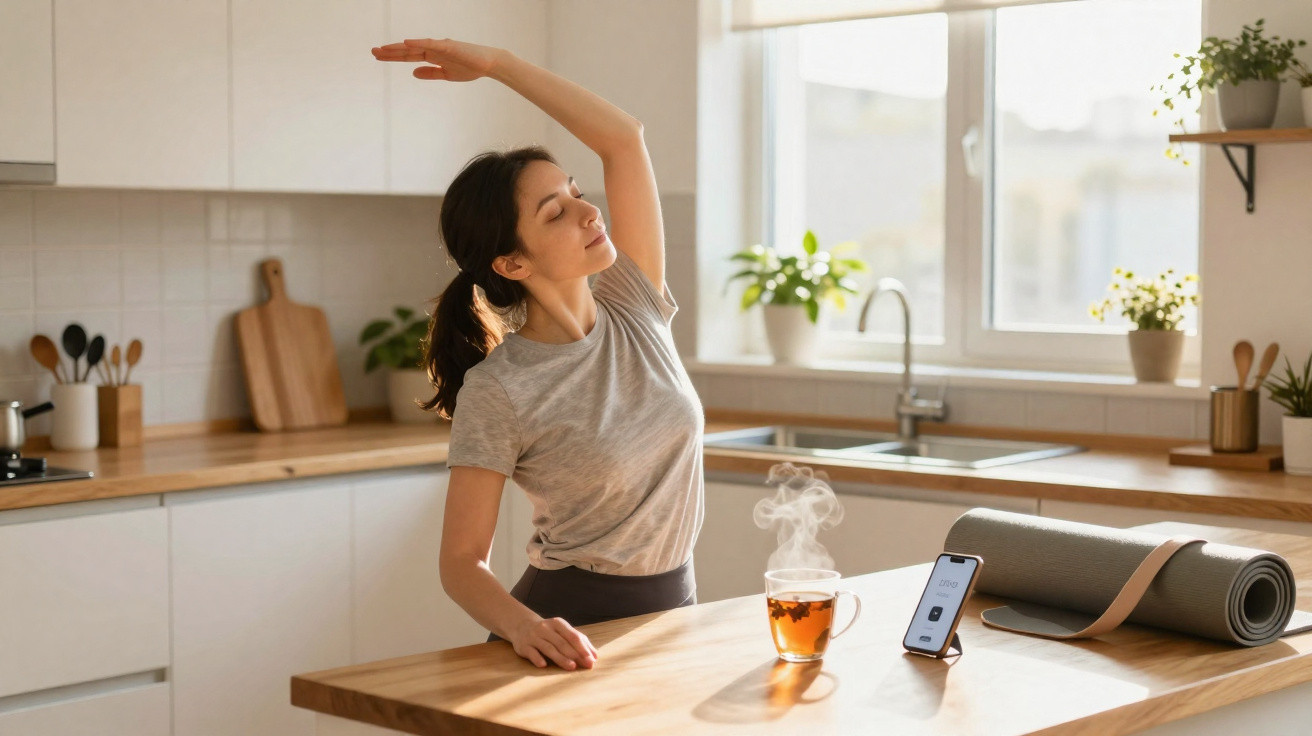 Woman stretching in kitchen next to steaming cup of tea, smartphone, and rolled yoga mat on wooden table.