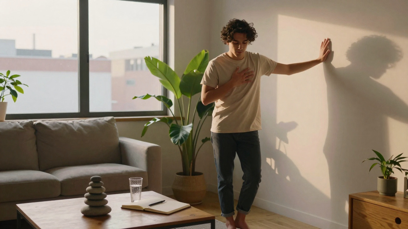 Young man holding his chest and leaning on a wall in a sunlit living room with plants and a sofa.