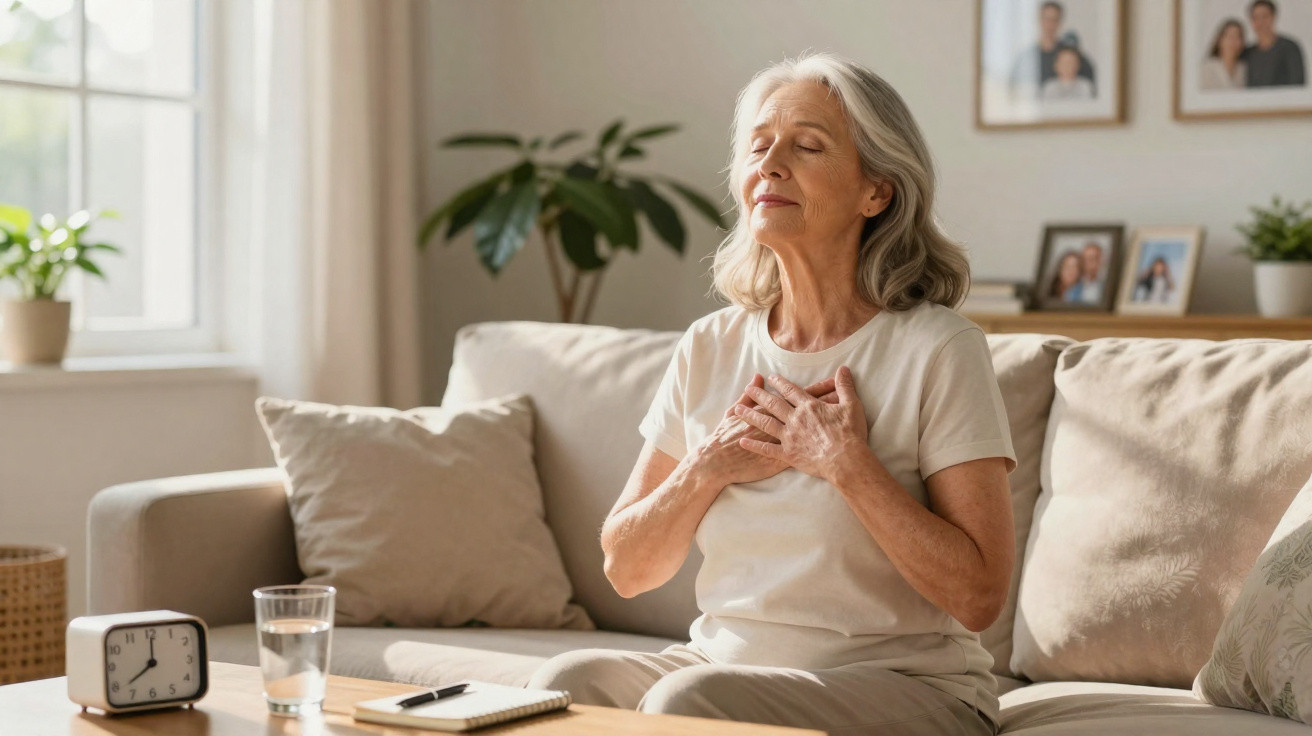 Elderly woman sitting on a sofa with eyes closed, hands on chest, practicing mindfulness or gratitude.