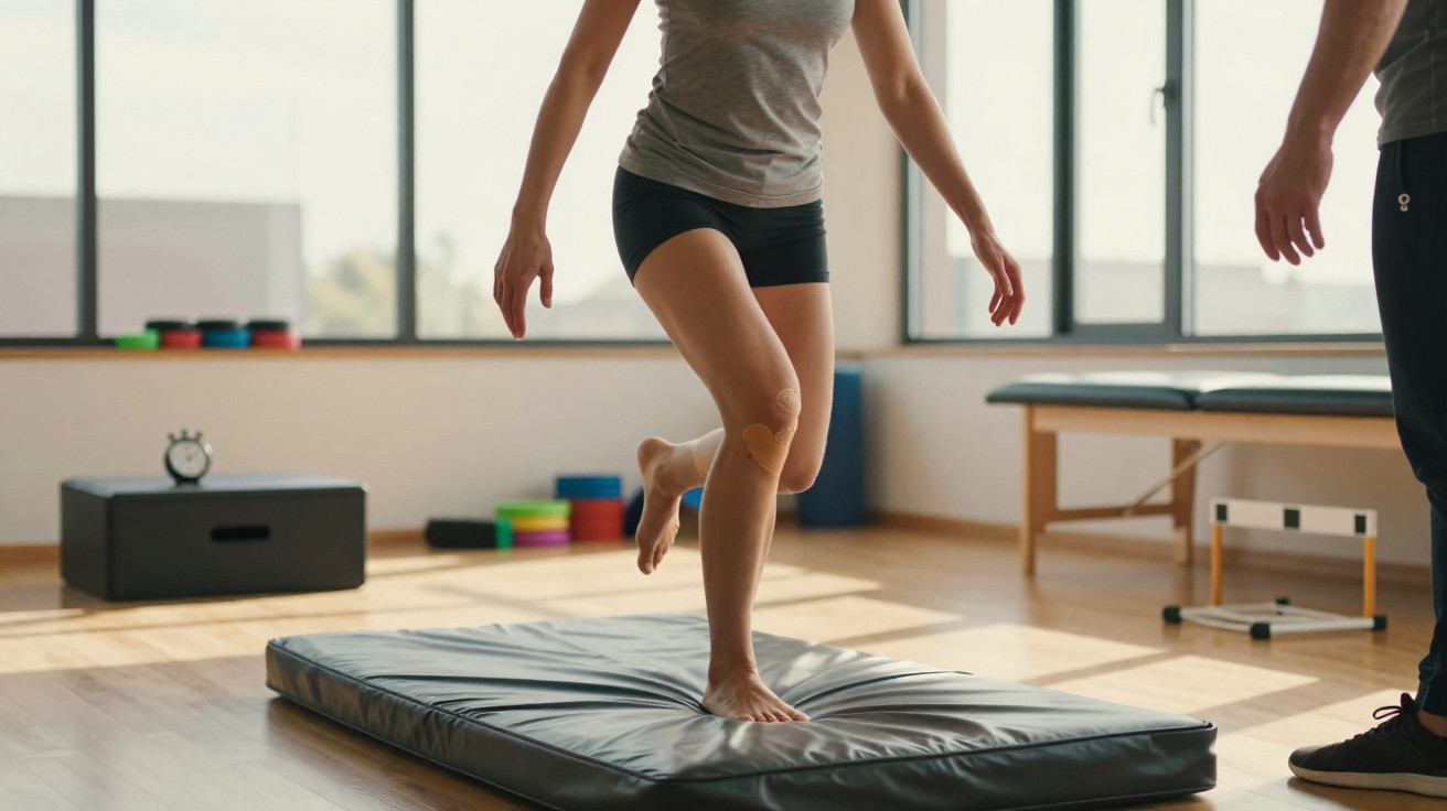 Person balancing on one foot on a gym mat in a bright exercise room with large windows.