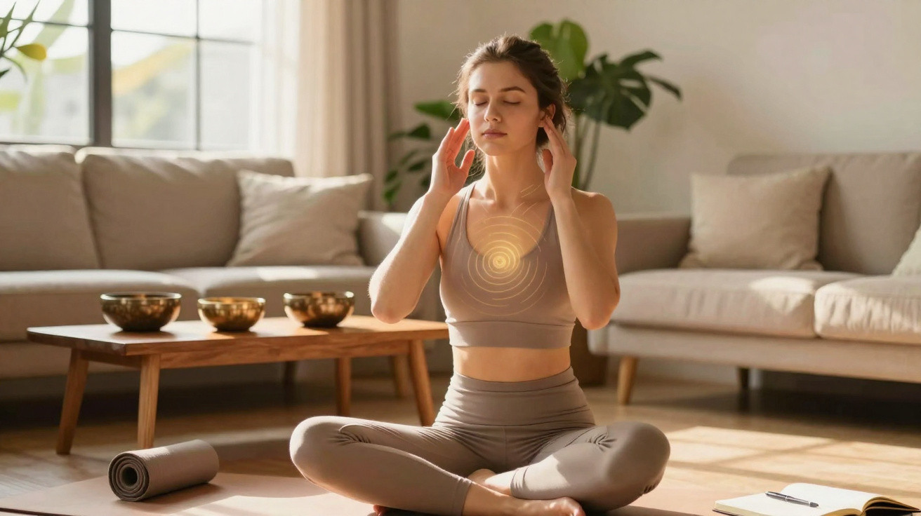 Woman meditating cross-legged in a living room with eyes closed and hands near her temples, peaceful atmosphere.