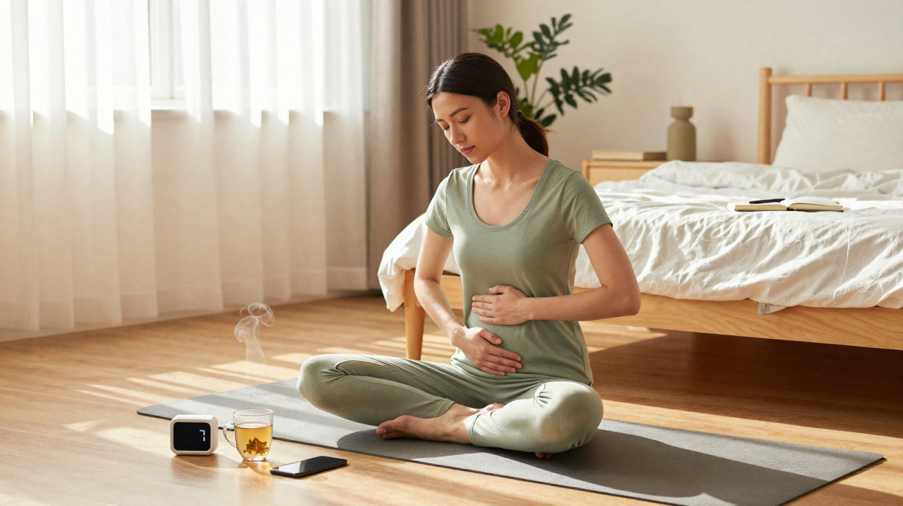Woman sitting cross-legged on a yoga mat holding her stomach in a sunlit bedroom with tea and a phone nearby.
