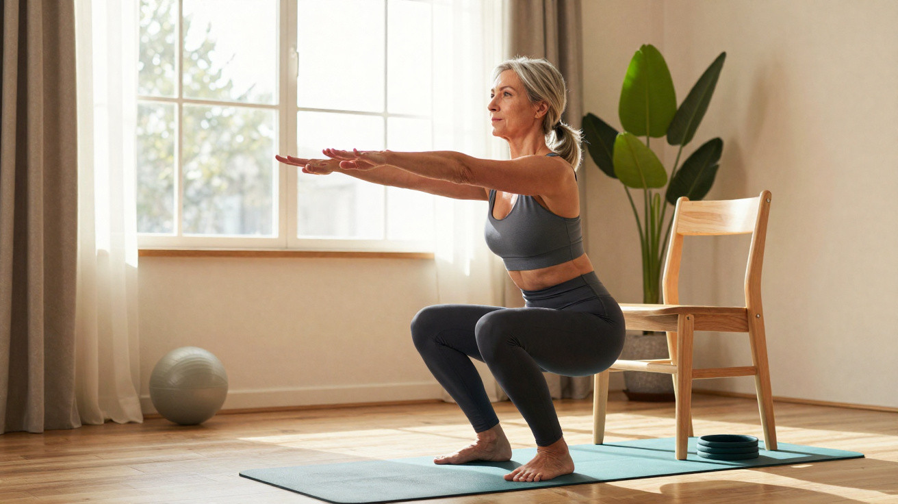Mature woman performing a squat exercise on a yoga mat next to a wooden chair in a sunlit room.