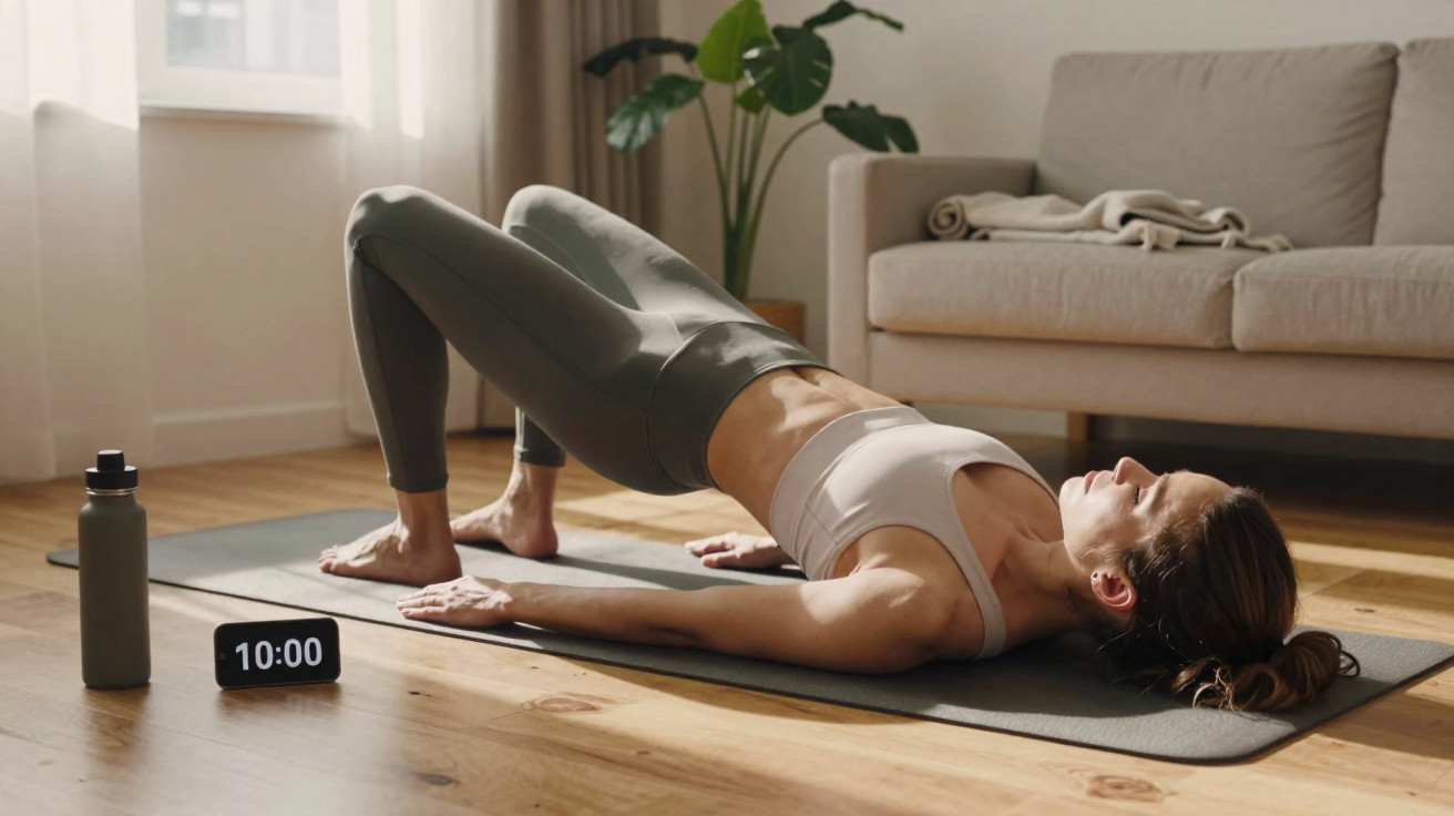 Woman in activewear doing bridge exercise on a yoga mat in a sunlit living room with a timer and water bottle nearby.
