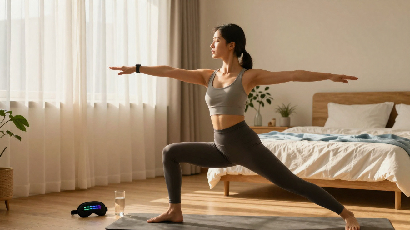 Woman practising yoga in warrior pose on a mat in a sunlit bedroom with plants and a bed in the background.