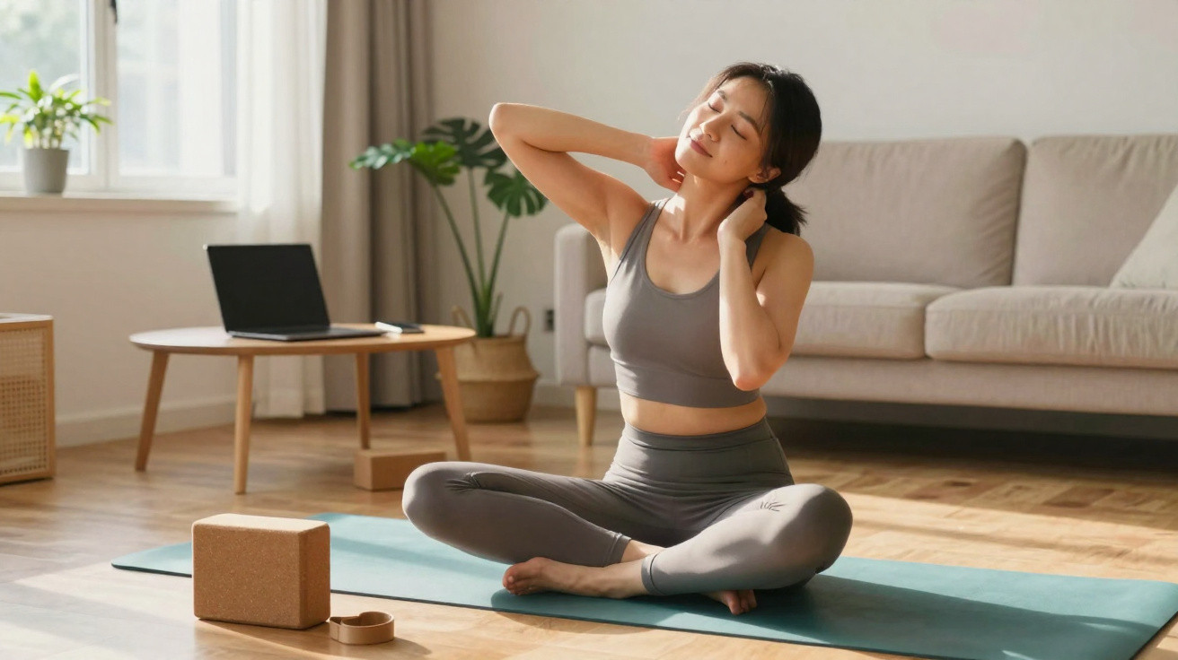 Woman in grey sportswear sitting cross-legged on a yoga mat, stretching her neck in a bright living room.