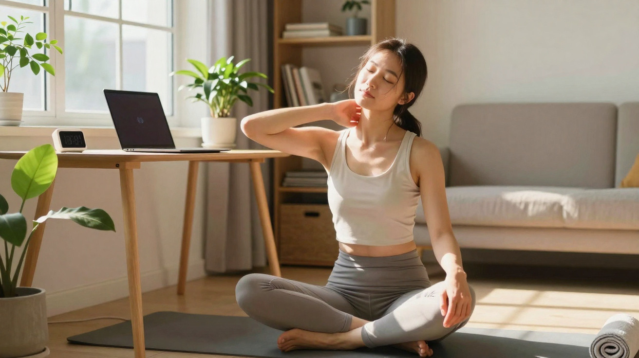 Woman in workout clothes stretching neck while sitting cross-legged on yoga mat in a bright living room