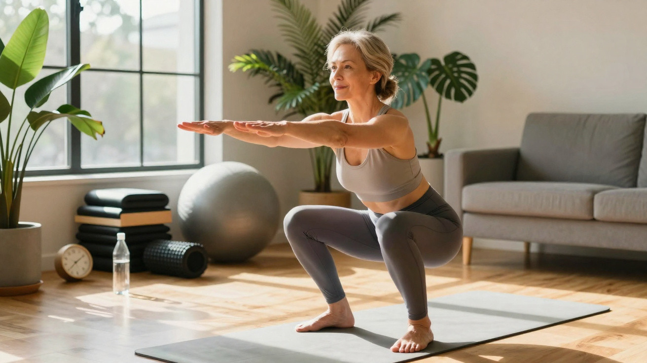 Mature woman in sportswear performing a squat exercise on a yoga mat in a bright living room.
