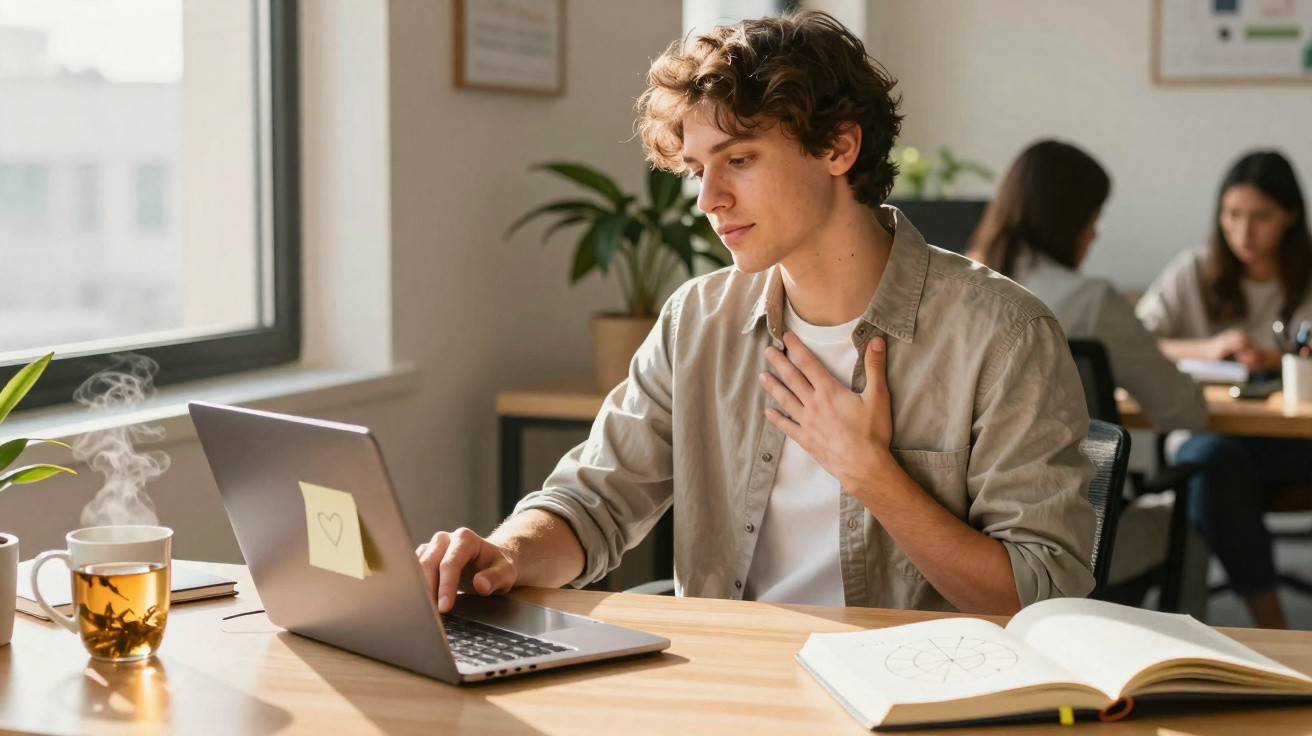 Young man sitting at a desk with a laptop and open book, touching his chest, with two people working in the background.