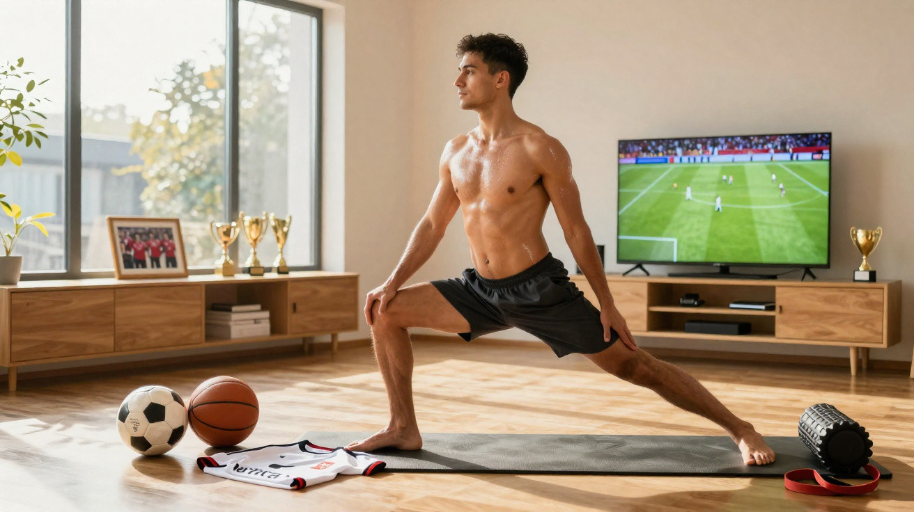 Shirtless man stretching on a yoga mat in a living room with sports gear and football on TV in the background.