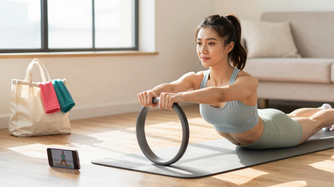 Young woman in sportswear using a Pilates ring on a mat following an exercise video at home.