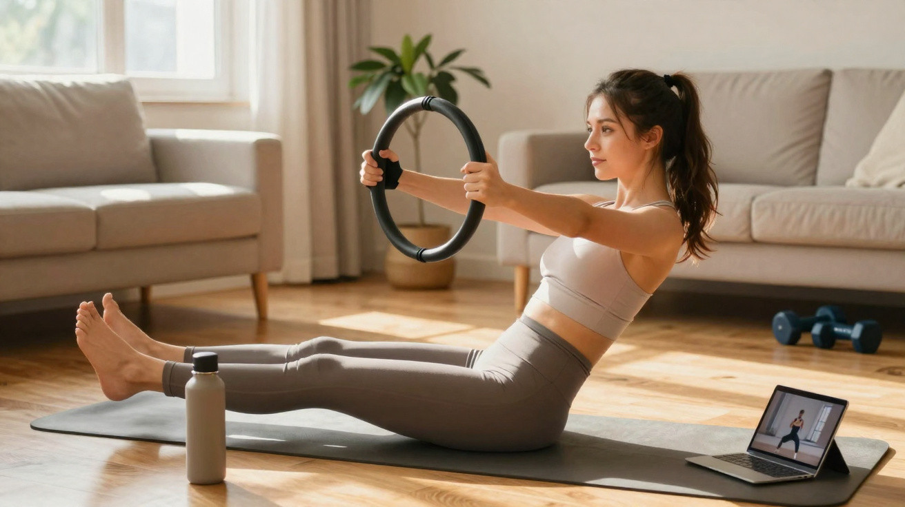 Woman exercising on yoga mat with a fitness ring while following an online workout on a tablet at home.