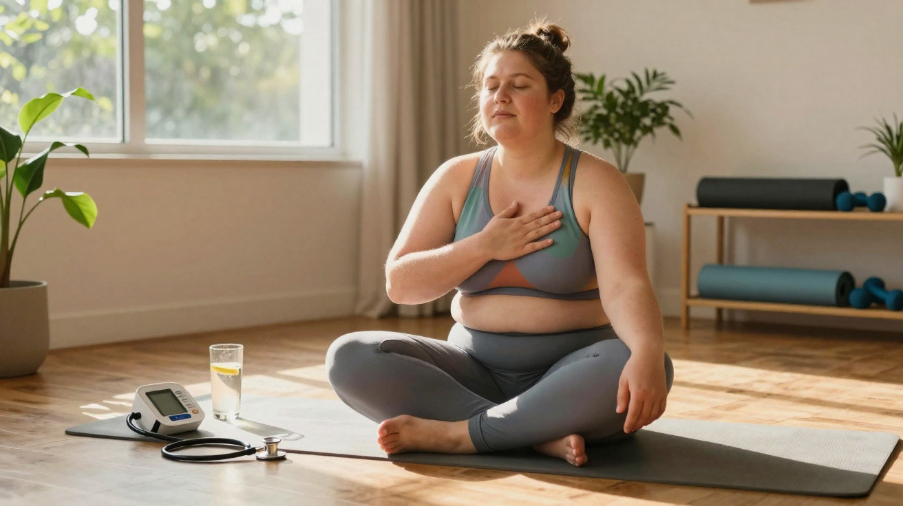 Woman in activewear sitting cross-legged on yoga mat meditating with hand on chest in bright room with plants.