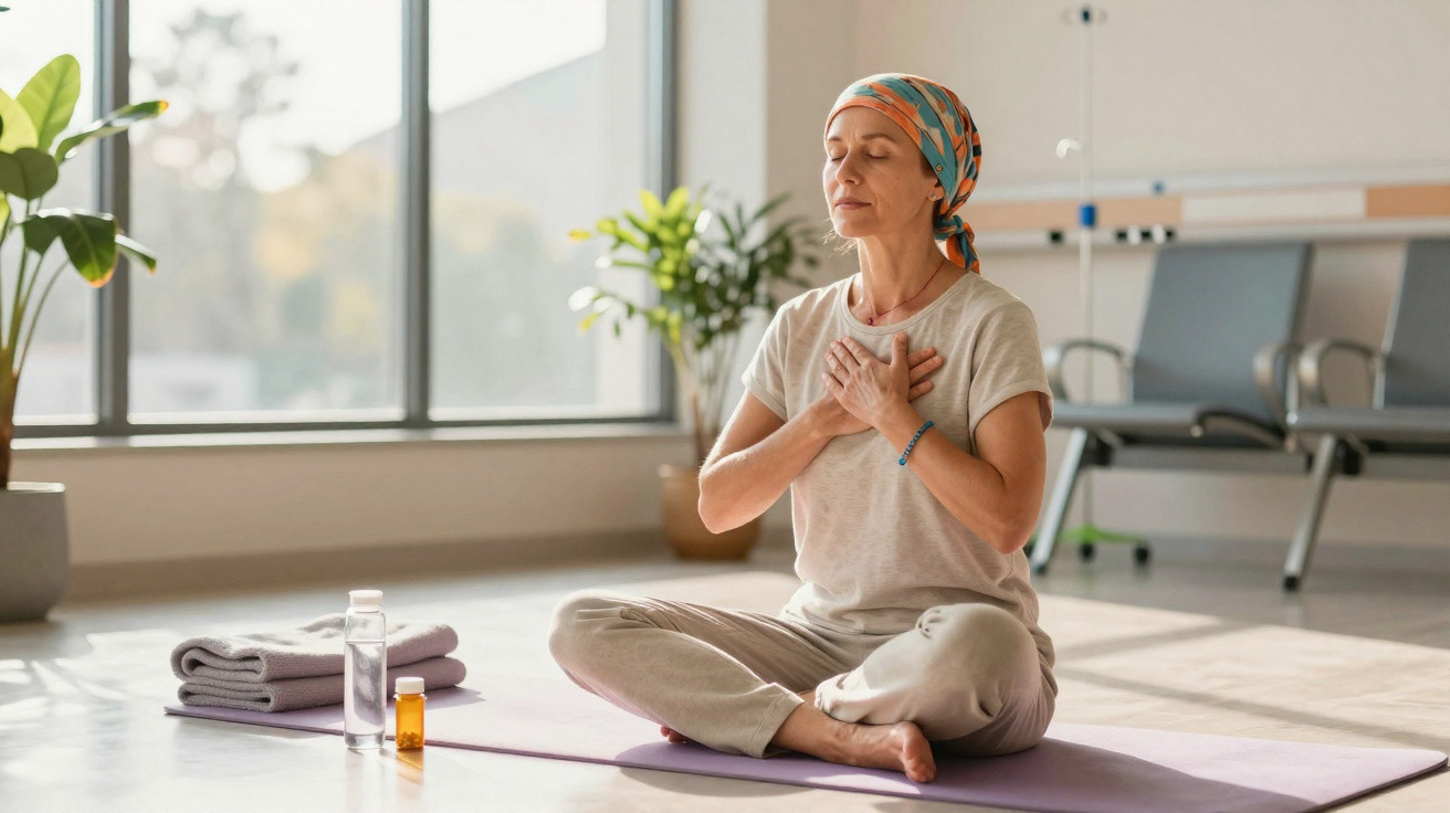 Woman wearing headscarf meditating cross-legged on yoga mat in sunlit room with water and medicine bottles nearby.