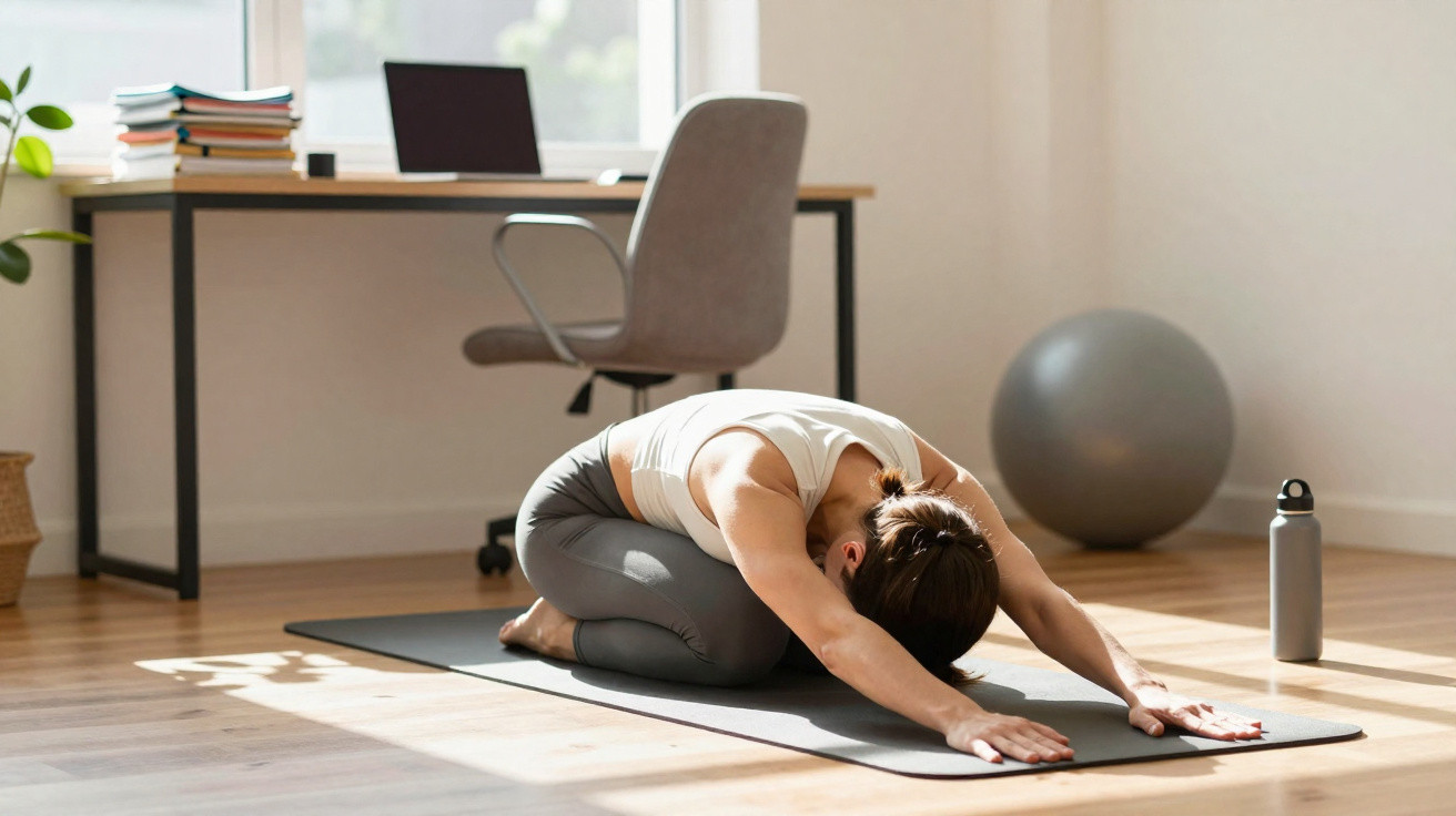 Person in workout clothes doing child's pose yoga stretch on mat in bright home office space.
