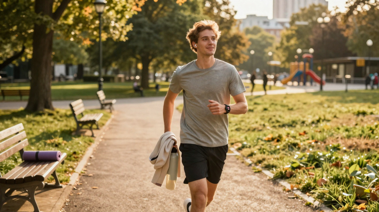 Young man jogging in a sunlit park path holding a water bottle and jacket, with benches and playground in background.